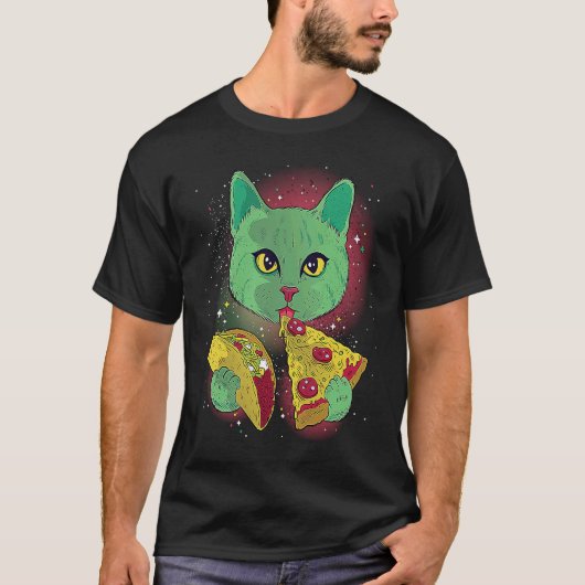 Funny Cat Eating Tacos and Pizza in Outer Space T T-Shirt (Vorderseite)