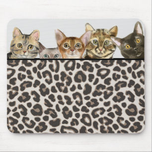 Funny Cat Faces on Leopard Print Mousepad