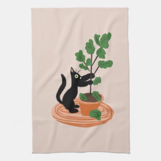 Funny Cat Fig Tree gepunktete Pflanze Hand gezogen Geschirrtuch (Vertikal)