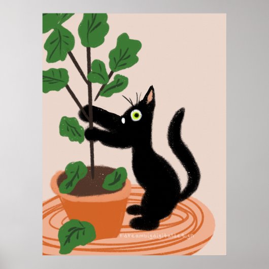 Funny Cat Fig Tree gepunktete Pflanze Hand gezogen Poster (Vorne)
