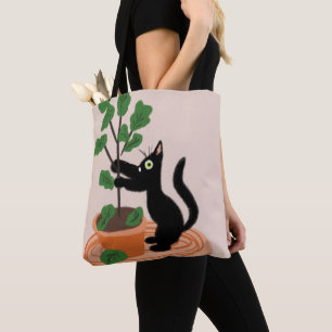 Funny Cat Fig Tree gepunktete Pflanze Hand gezogen Tasche