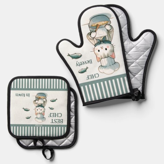 Funny Cat Fisch Meeresfrüchte Koch Ofenhandschuh & Topflappen-Set (Vorderseite/Rückseite)
