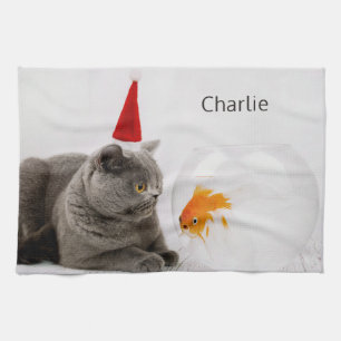 Funny Cat & Fish individuelle Name Handtuch