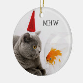 Funny Cat & Fish kundenspezifische Monogramm-Ornam Keramikornament (Links)