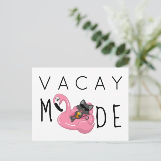 Funny Cat Flamingo Vacay Mode Urlaub Postkarte (Stehend Vorderseite)