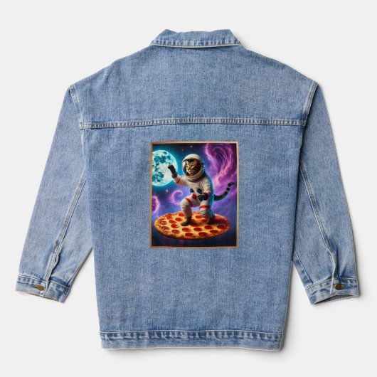 Funny Cat Flying A Pizza Astronaut Kitty Space Jeansjacke (Rückseite)