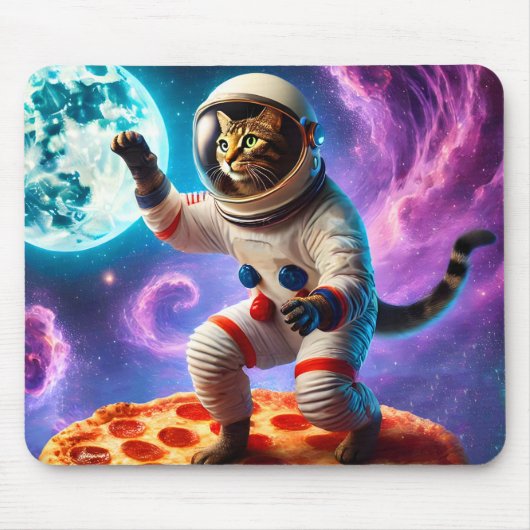 Funny Cat Flying A Pizza Astronaut Kitty Space Mousepad (Vorne)