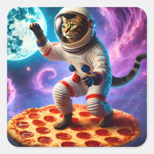 Funny Cat Flying A Pizza Astronaut Kitty Space Quadratischer Aufkleber