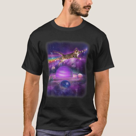 Funny Cat Flying in Space Rainbow Cat Kitten Flugz T-Shirt (Vorderseite)
