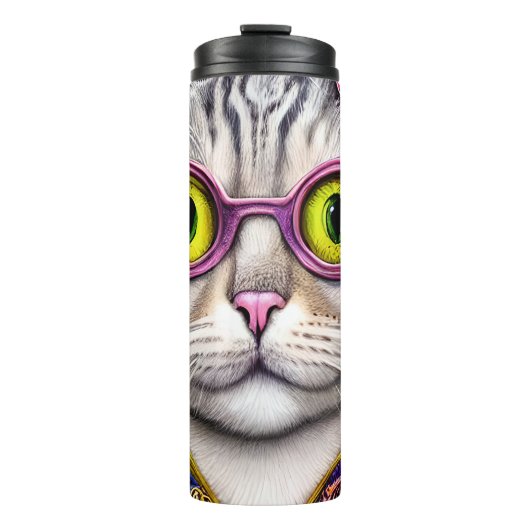 Funny Cat Funky Retro mit Brillen Thermosbecher (Vorderseite)