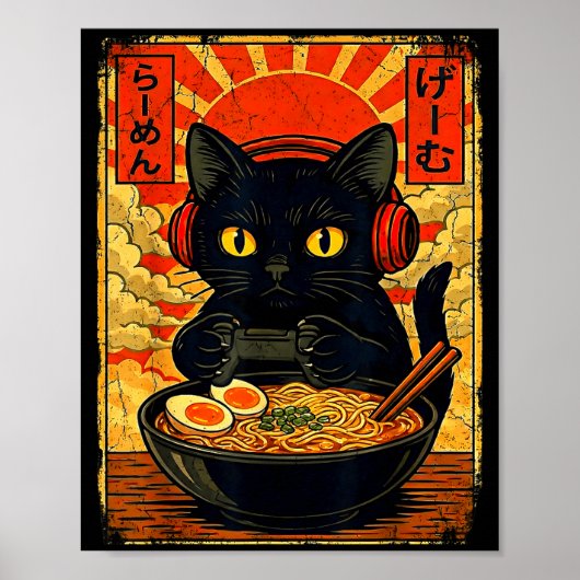Funny Cat Gamer Men Anime Kawaii Gaming Headset Ca Poster (Vorne)