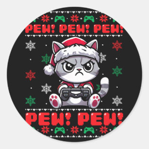 Funny Cat Gamer Pew Video Game Ugi Weihnachtsjunge Runder Aufkleber
