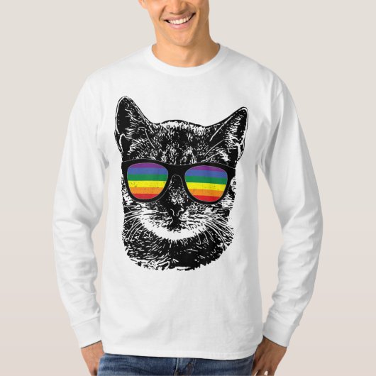 Funny Cat Gay Pride LGBT Rainbow Sonnenbrille T-Shirt (Vorderseite)