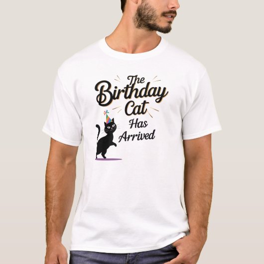 Funny Cat Geburtstagsparty Ankunft T-Shirt (Vorderseite)
