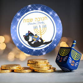 Funny Cat Gold Menorah Dreidel Hebrew Hanukkah Runder Aufkleber