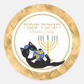 Funny Cat Gold Menorah Judisch Hebrew Hanukkah Runder Aufkleber (Vorderseite)