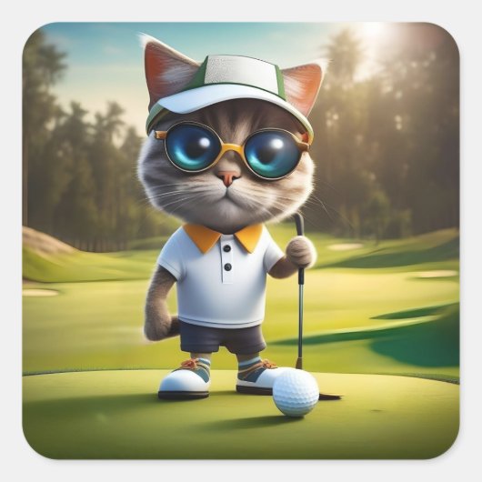 Funny Cat Golf Player, Quadratischer Aufkleber (Vorderseite)