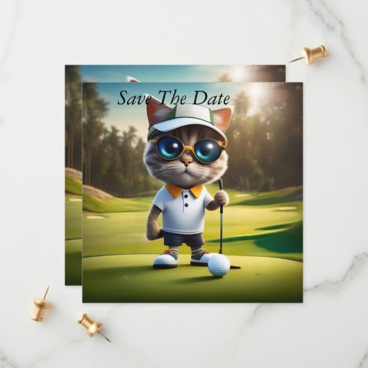 Funny Cat Golf Player, Save The Date (Vorderseite/Rückseite Beispiel)