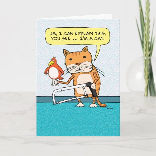 Funny Cat Hacksaw Explanation Birthday Card Karte (Vorderseite)