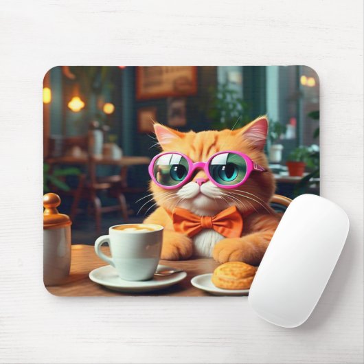 Funny Cat im Café mit Coffee Mouse Pad Mousepad (Mit Mouse)
