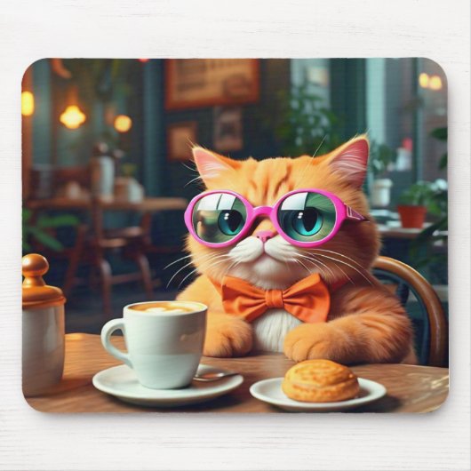 Funny Cat im Café mit Coffee Mouse Pad Mousepad (Vorne)