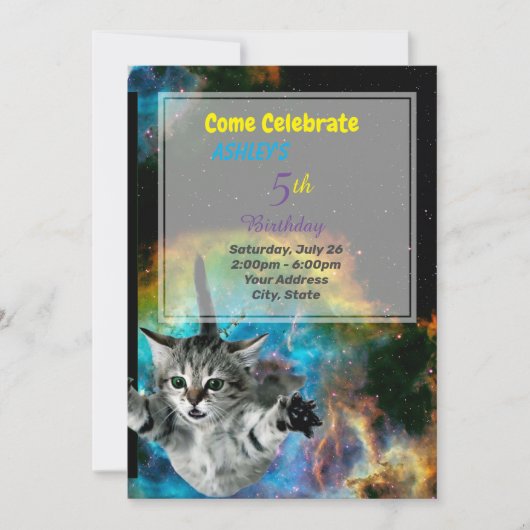 Funny Cat im Weltraum Geburtstag Einladung (Vorderseite)