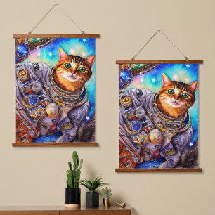 Funny Cat in Aktion Astronautenkatze Wandteppich Mit Holzrahmen