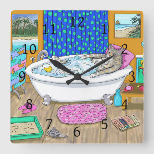 Funny Cat in Bath 665 Quadratische Wanduhr