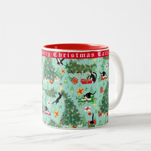 Funny Cat in Christmas Tree Custom Zweifarbige Tasse (VorderseiteRechts)