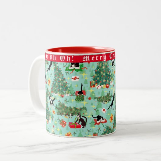 Funny Cat in Christmas Tree Custom Zweifarbige Tasse (Vorderseite Links)