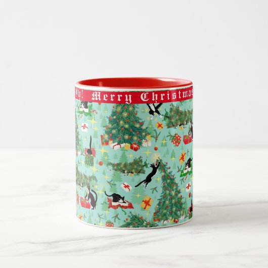 Funny Cat in Christmas Tree Custom Zweifarbige Tasse (Mittel)