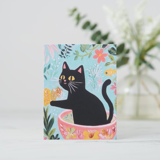 Funny Cat in einer schönen Schüssel Postkarte (Stehend Vorderseite)