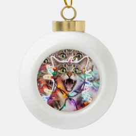 Funny Cat in Lights Holiday Keramik Kugel-Ornament