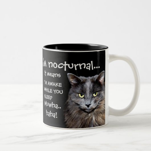 Funny Cat ist Nocturnal Evil Laugh Zweifarbige Tasse (Rechts)