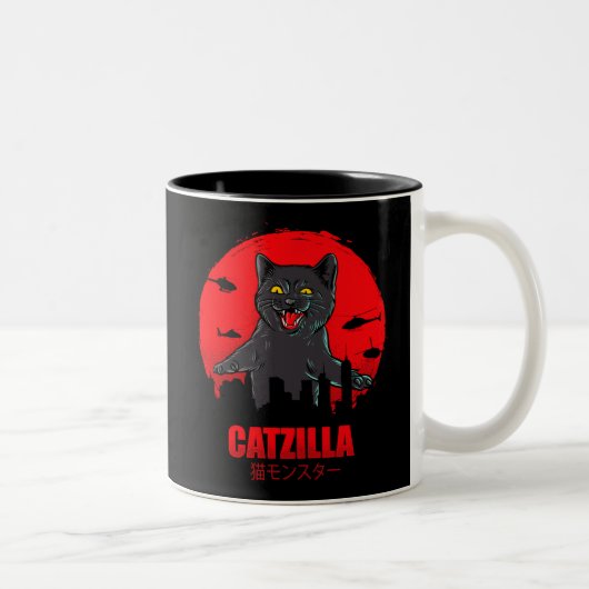 Funny Cat Japanese Themed Catzilla Monster Zweifarbige Tasse (Rechts)