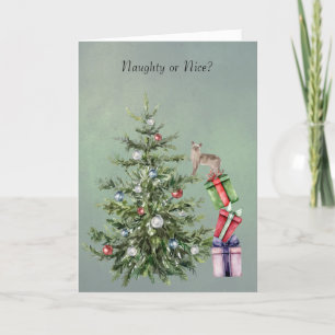 Funny Cat Klettern einer Weihnachtsbaumkarte Feiertagskarte