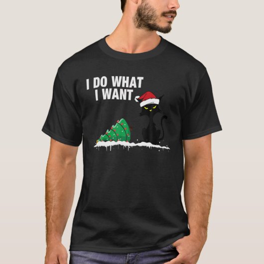Funny Cat klopfen über Weihnachtsbaum T-Shirt (Vorderseite)