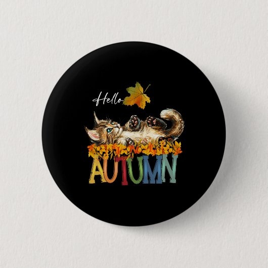 Funny Cat Leaf Fall Hallo Herbst Niedlich Kitten C Button (Vorderseite)