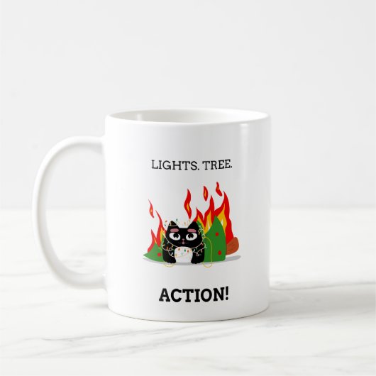 Funny Cat - Lights. Baum. Action! Christmas Kaffeetasse (Links)