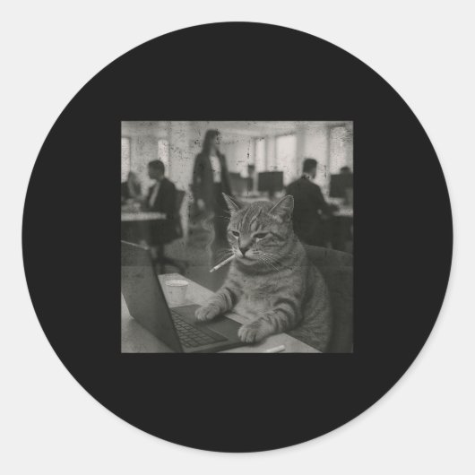 Funny Cat Meme Rauchen Zigarette bei der Arbeit Sp Runder Aufkleber (Vorderseite)