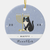 Funny Cat Menorah & Dreidel Happy Hanukkah Blue Keramik Ornament (Vorne)