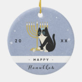 Funny Cat Menorah & Dreidel Happy Hanukkah Blue Keramik Ornament (Hinten)