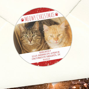 Funny Cat MEOWY CHRISTMAS Foto Rote Rücksendeadres Runder Aufkleber