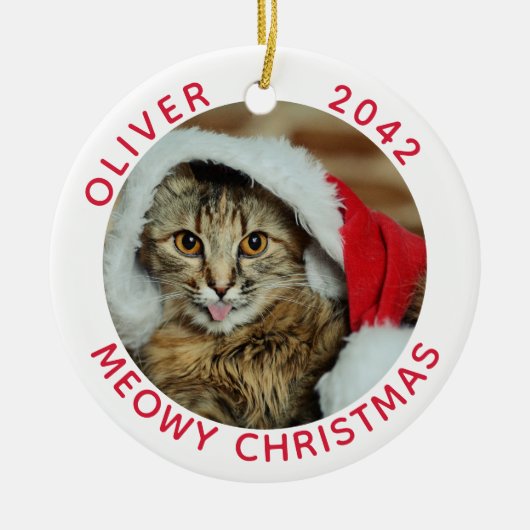 Funny Cat Meowy Weihnachts Foto Name Keramik Ornament (Vorne)
