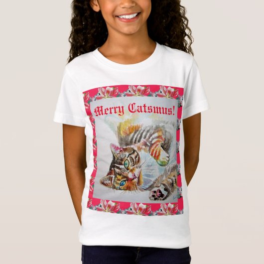 Funny Cat Merry Cats Christmas Red Girls T Shirt (Vorderseite)