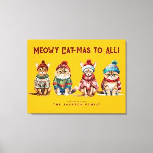 Funny Cat Merry Yellow Weihnachtsdekoration Grüße Leinwanddruck (Vorderseite)