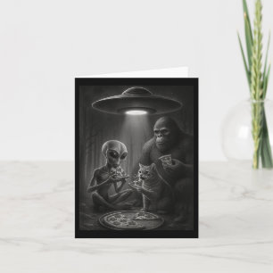 Funny Cat mit Alien und Bigfoot essen Pizza Ufo Karte