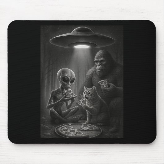 Funny Cat mit Alien und Bigfoot essen Pizza Ufo Mousepad (Vorne)
