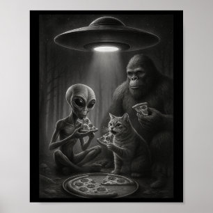Funny Cat mit Alien und Bigfoot essen Pizza Ufo Poster
