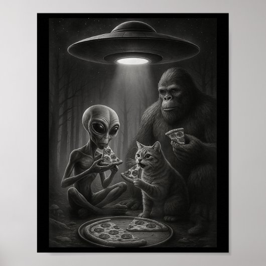 Funny Cat mit Alien und Bigfoot essen Pizza Ufo Poster (Vorne)